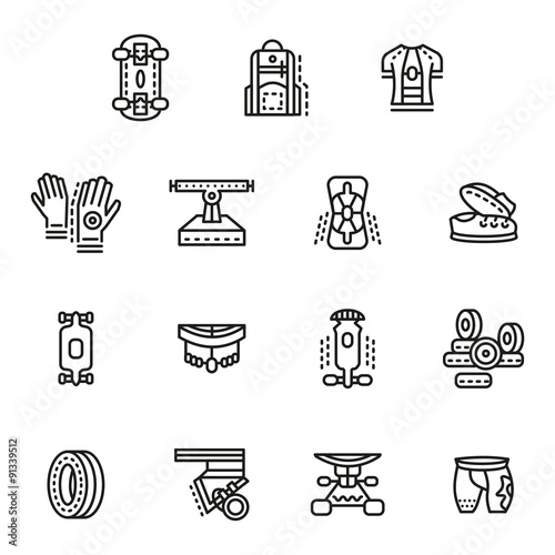 Accessories for longboards line vector icons set