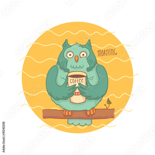 Blue owl with coffee sitting on a branch