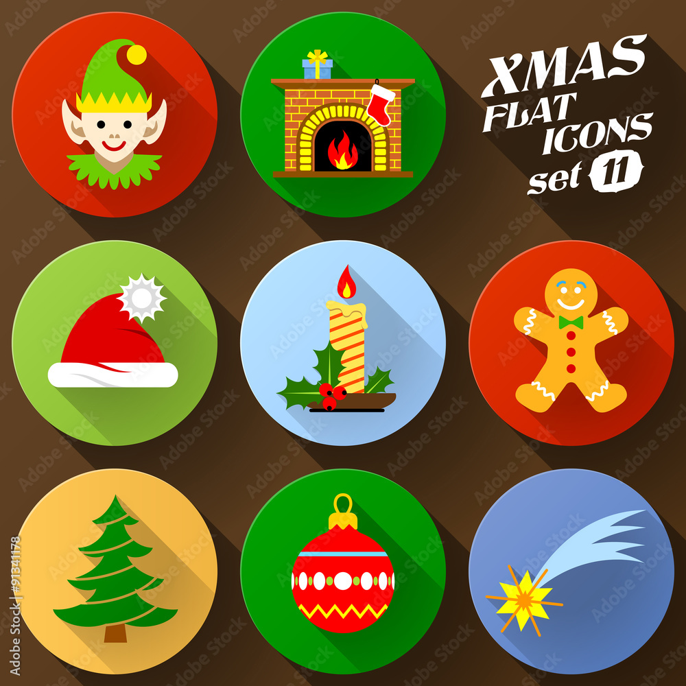 Fototapeta premium Color flat icon set of christmas elements. New Year symbols