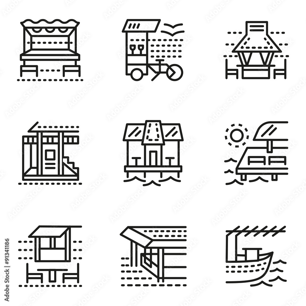 Cafe and bungalows simple line vector icons