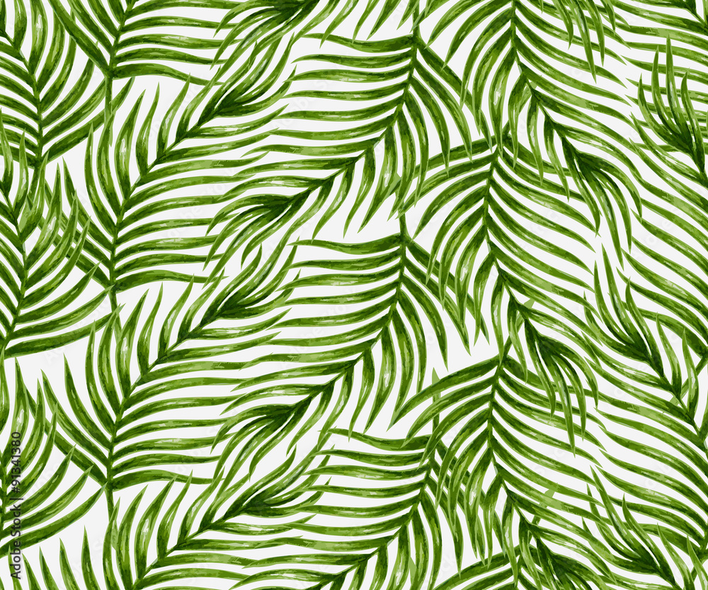 Watercolor tropical palm leaves seamless pattern. Vector illustration.
