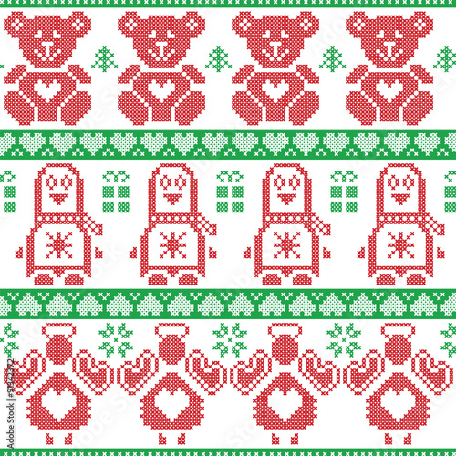 Red and green Scandinavian vintage Christmas  Nordic seamless pattern with penguin, angel, teddy bear, xmas gifts, hearts, decorative ornaments, christmas trees in cross stitch knitting 
