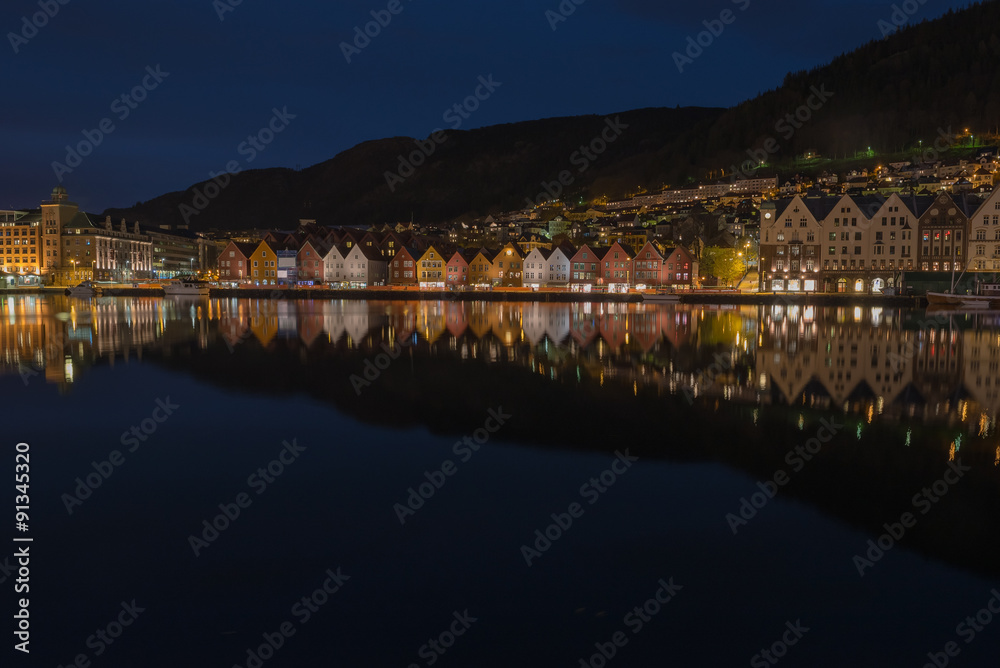 Bergen City, Norway, at Twilight.