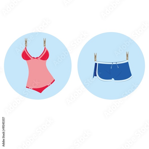 Beach Changing room. Trunks and women's underwear colorful illustration.Colorful Women's swimwear and underpants hanging on clothespins.