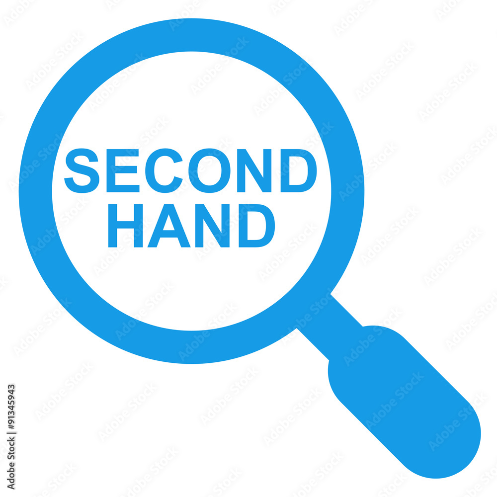 Icono texto SECOND HAND lupa azul Icono texto SECOND HAND lupa azul