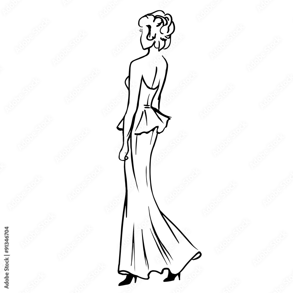Women in long dress standing back sketch Stock Vector  Adobe Stock