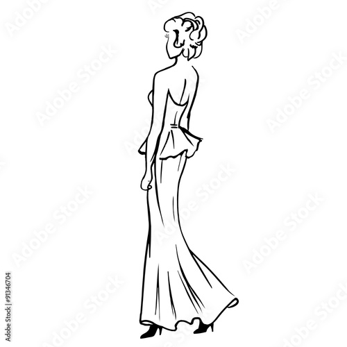 Women in long dress standing back sketch