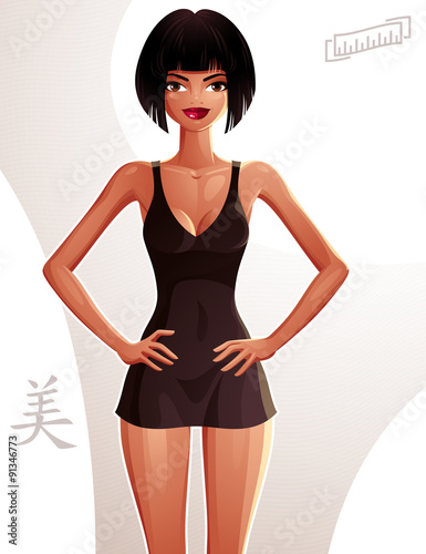 Illustration of a young pretty woman wearing a nighty. Full body