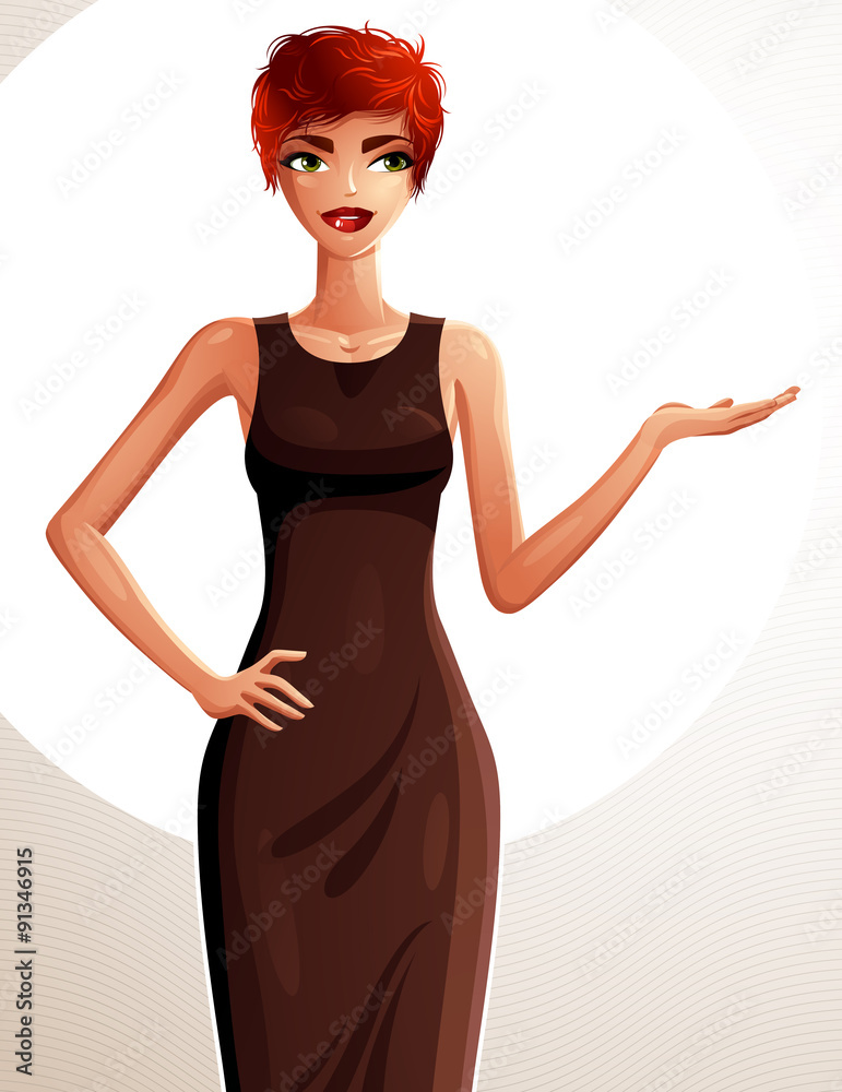 Attractive white-skin standing girl showing at empty copy space Attractive white-skin standing girl showing at empty copy space