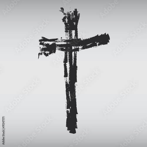 Hand drawn black grunge cross icon, simple Christian cross sign, hand-painted cross symbol created with real ink brush isolated on white background.