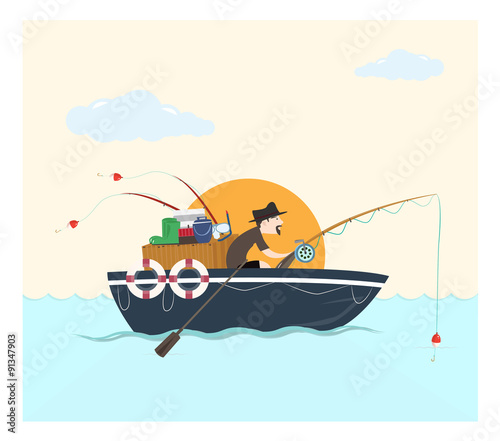 Fishing on the boat, vector illustration.