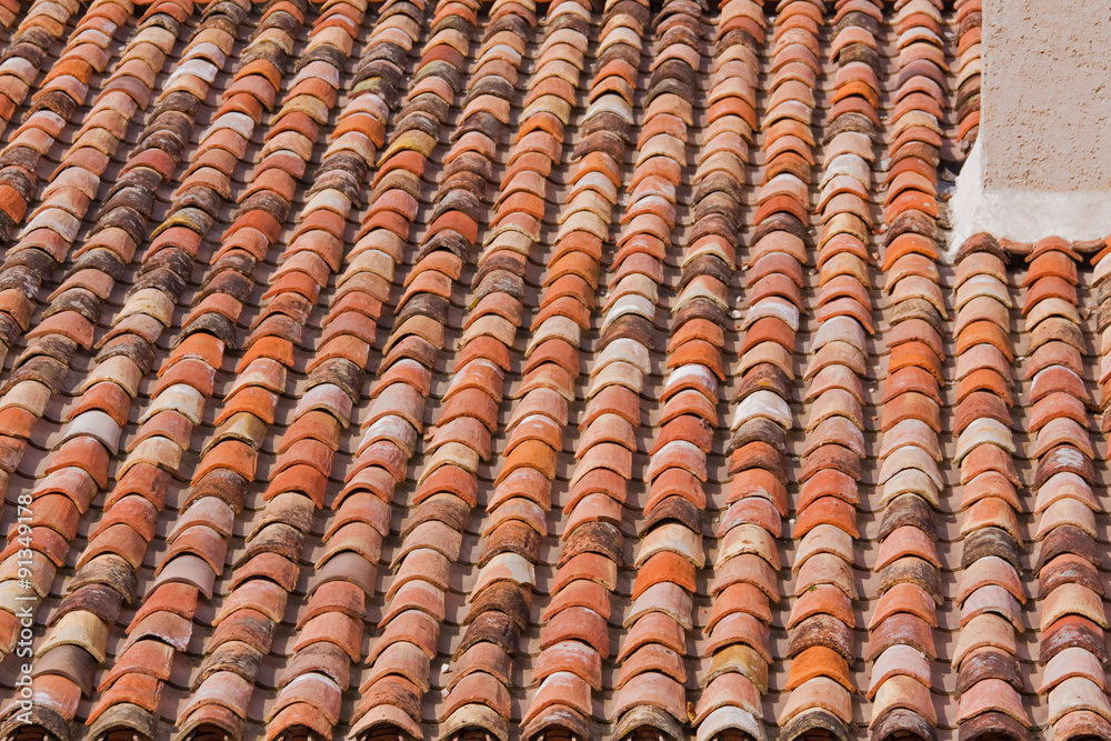 Clay roof tiles on a domestic building in SW France Clay roof tiles on a domestic building in SW France