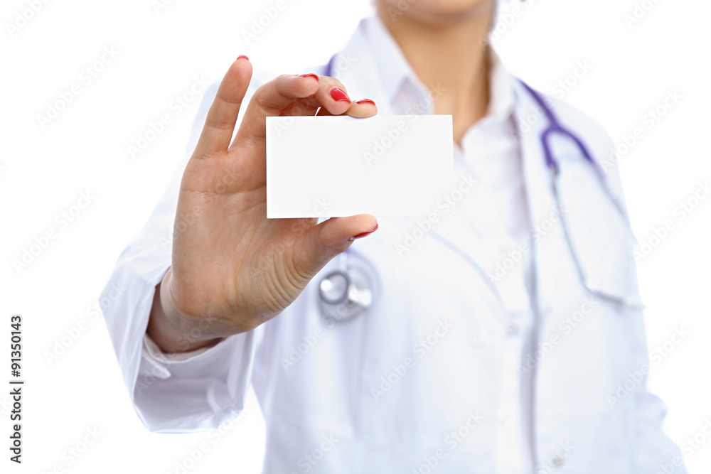Female doctor holding blank business card, isolated over white background Female doctor holding blank business card, isolated over white background