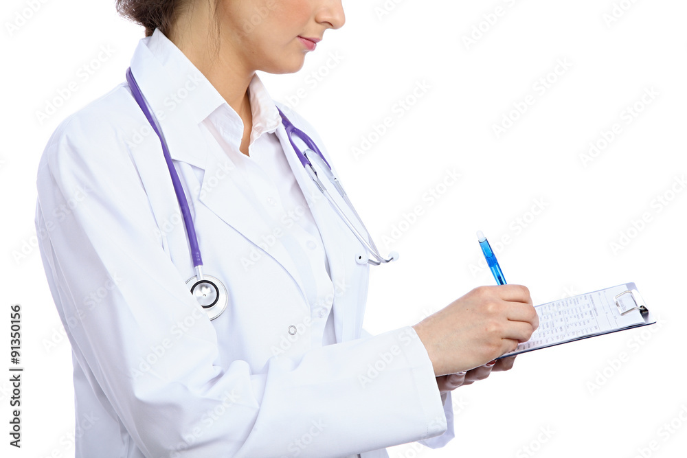 Friendly smiling young female doctor, isolated over white background Friendly smiling young female doctor, isolated over white background
