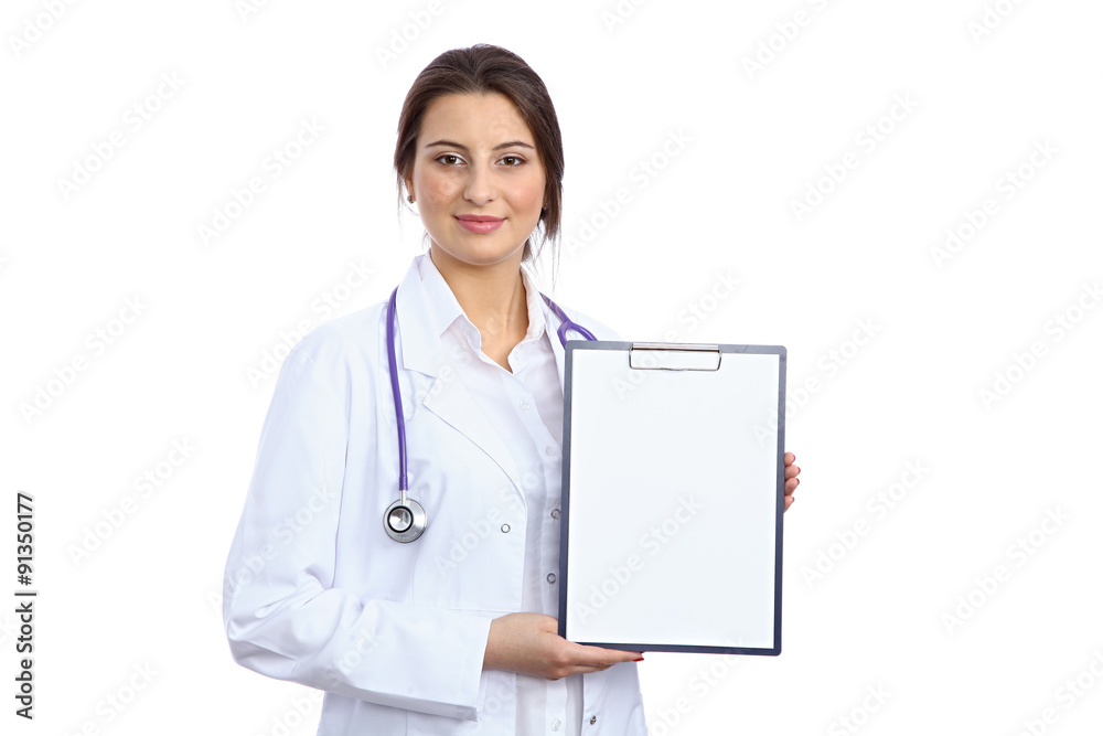 Female doctor showing clipboard with copyspace Female doctor showing clipboard with copyspace