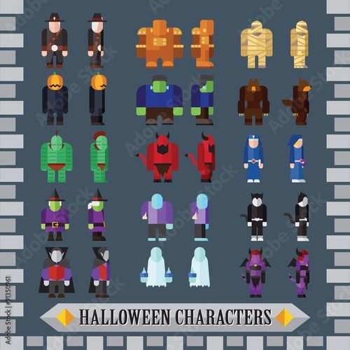 set of flat halloween game characters for design