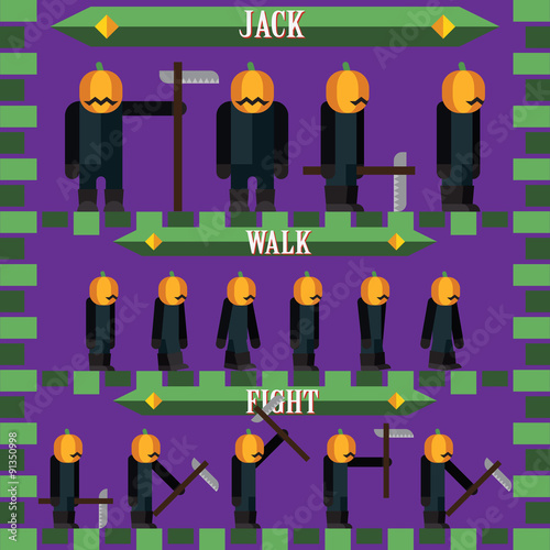 flat halloween game character for design pumpkin jack