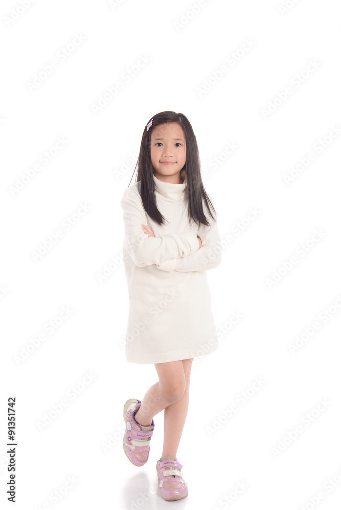 Cute asian girl in white turtleneck dress showing ok sign Cute asian girl in white turtleneck dress showing ok sign