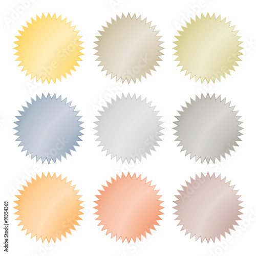 Blank glossy vector stickers in gold, red gold, platinum, silver, bronze, copper, aluminum. Which can be used as a coin, labels, buttons