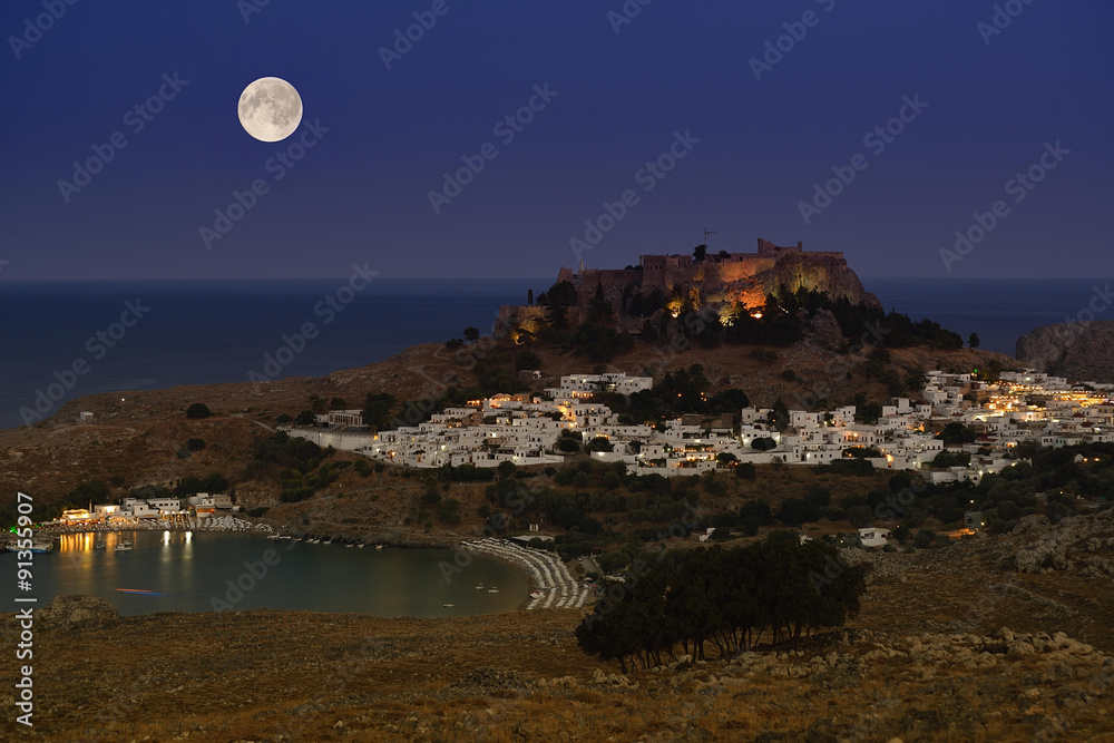 Lindos by night. City on Rhodos in Greece.