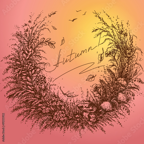 Sketch of autumn frame on colored background