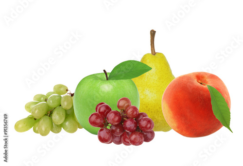 Apple, pear, peach and grape isolated on white