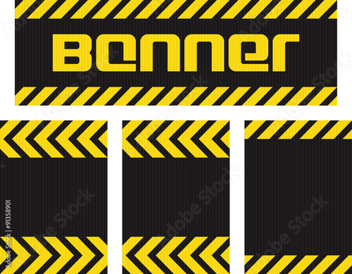Vector banner with horizontal yellow and black lines on the corrugated metal surface black and three seamless horizontal same metallic background