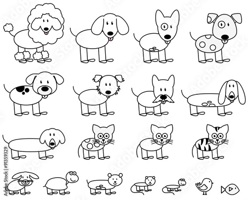 Vector Collection of Cute Stick Figure Pets and Animals