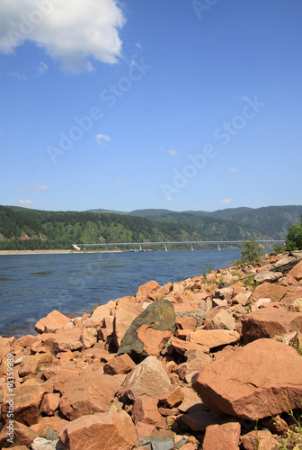 Granite stones on Yenisei River bank near Divnogorsk, Russia photo