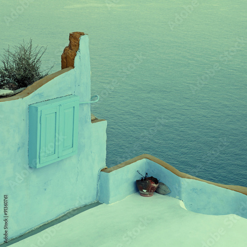 Terrace with colorful walls above Aegean sea in twilight, Santor photo