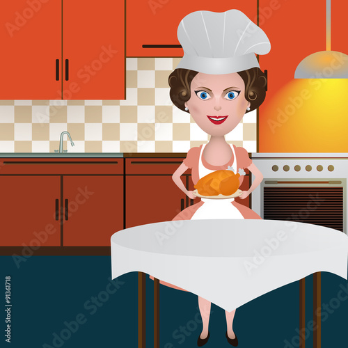 Woman Cook Turkey / In the fully equipped kitchen, the woman baked a turkey and bring it on the table.