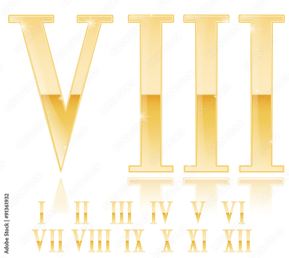 Roman numerals set. Golden numerals. Gold glossy Eight 8 . Roman numerals set. Golden numerals. Gold glossy Eight 8 .