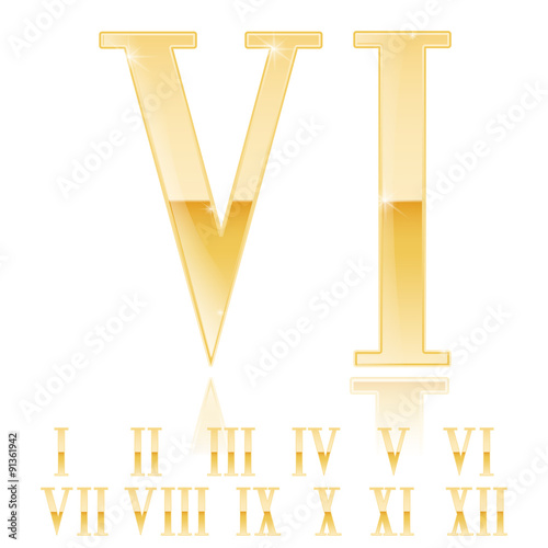 Roman numerals set. Golden numerals. Gold glossy Six 6 .