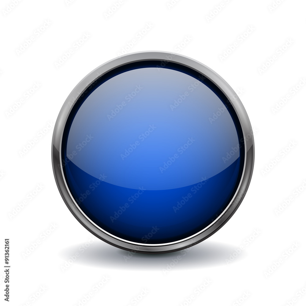 Button. Blue shiny glass sphere with metal frame. Button. Blue shiny glass sphere with metal frame.
