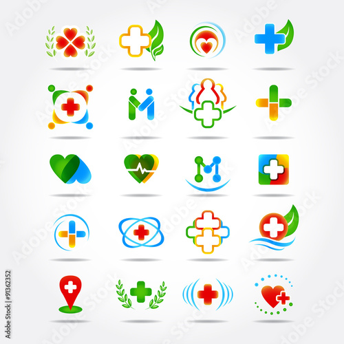 20 Medical pharmacy and health care logo design, icons set. Isolated vector illustrations.