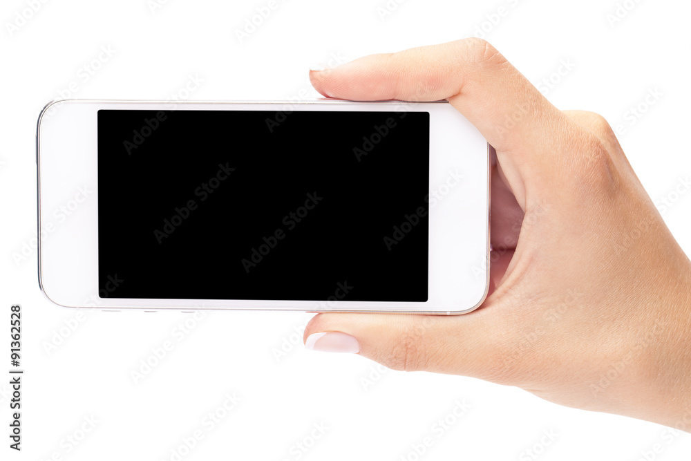 Hand holding White Smartphone with blank screen on white backgro Hand holding White Smartphone with blank screen on white backgro