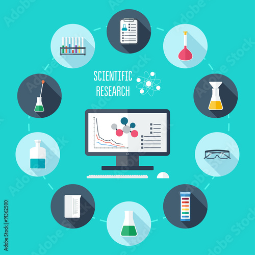 Chemical flat icon set. Scientific banner, background, poster, concept. Scientific research. Flat design. Vector