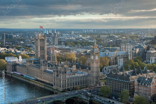 Ariel view of London across Westminster Bridge on a summer evening showing the Houses of Parliament,Westminster Abbey and Battersea Power Station