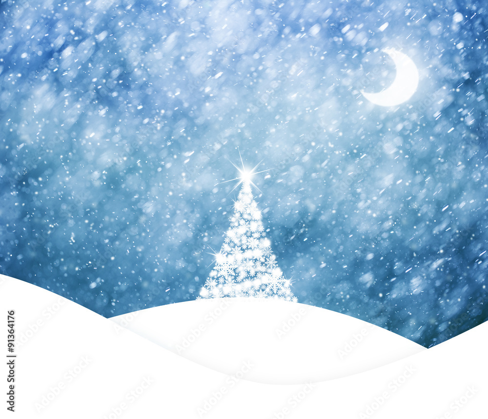 Beautiful blue colored sky with realistic heavy snowfall, Christmas and New Years Holiday winter landscape scene with bright moon on sky. Illustration greeting card with copy space background.