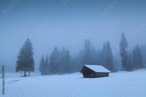 old wooden hut in foggy winter forest © Olha Rohulya