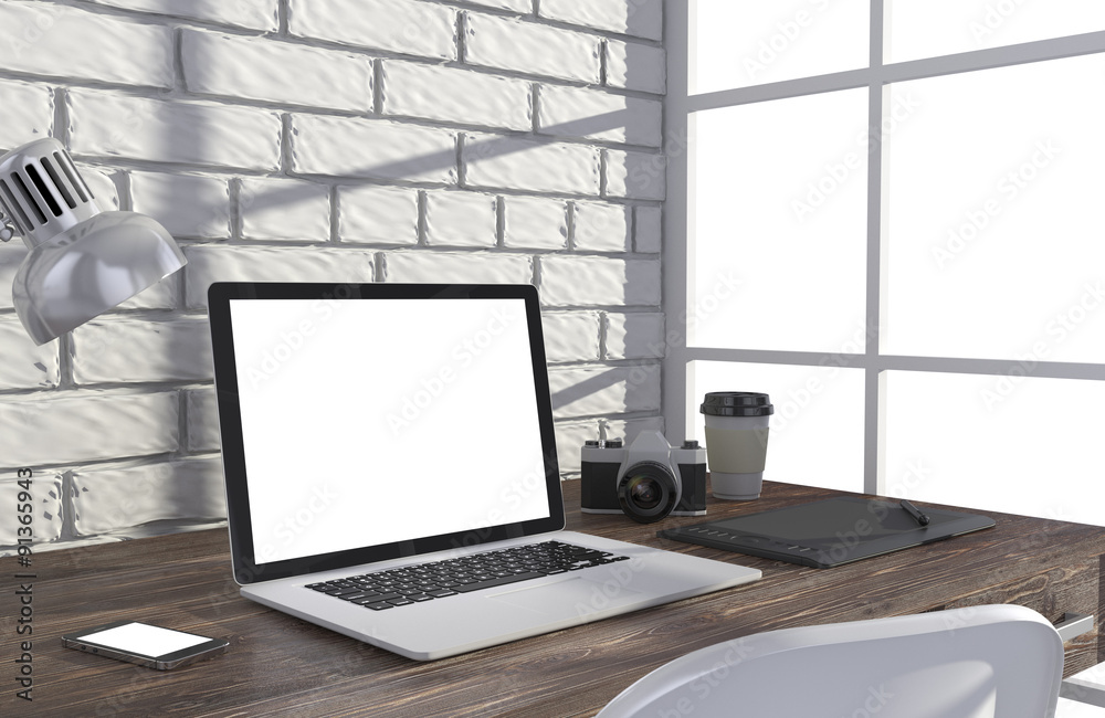 3D illustration laptopand work stuff on table near brick wall 3D illustration laptopand work stuff on table near brick wall