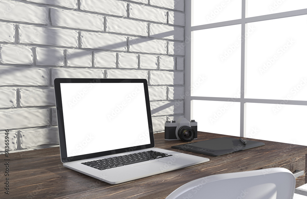 Fototapeta premium 3D illustration laptopand work stuff on table near brick wall