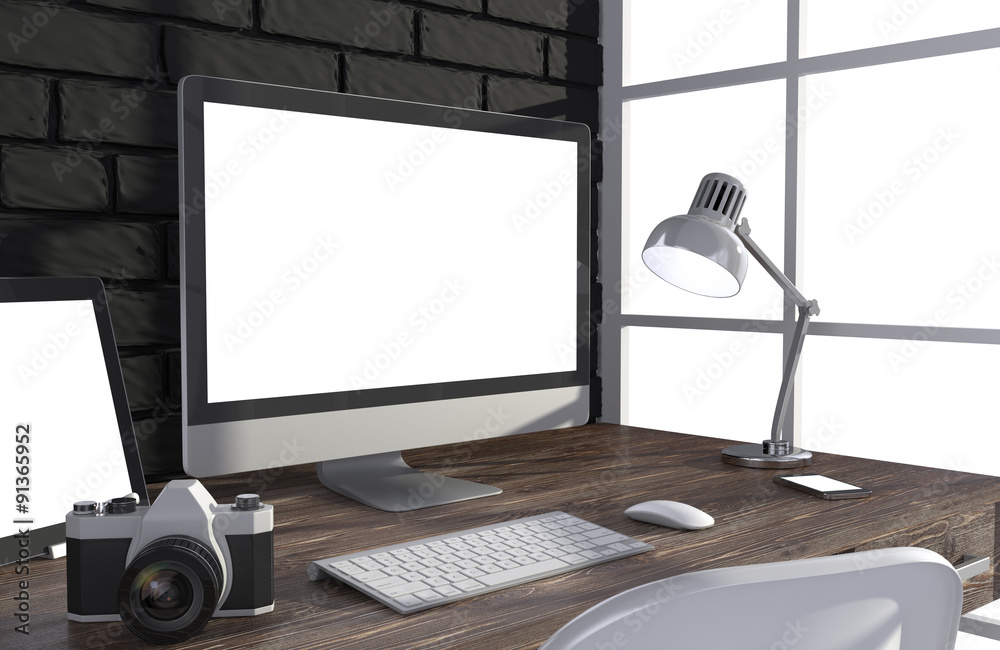 Fototapeta premium 3D illustration PC screen on table in office, Workspace