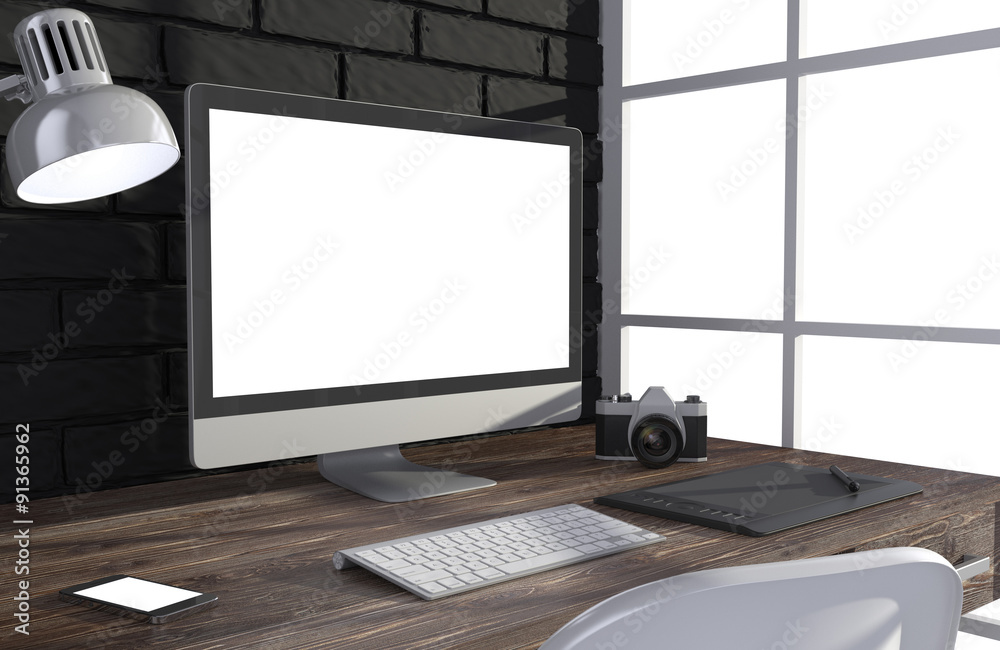 Fototapeta premium 3D illustration PC screen on table in office, Workspace