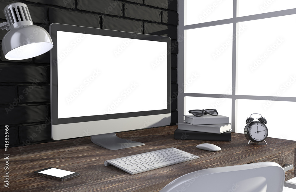 Fototapeta premium 3D illustration PC screen on table in office, Workspace