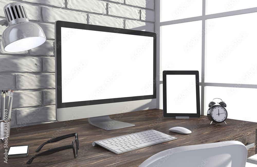 Fototapeta premium 3D illustration PC screen on table in office, Workspace