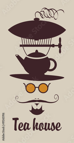 banner for a tea house with a portrait of the moustache man with a kettle on his head