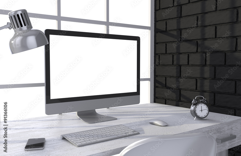 Fototapeta premium 3D illustration PC screen on table in office, Workspace