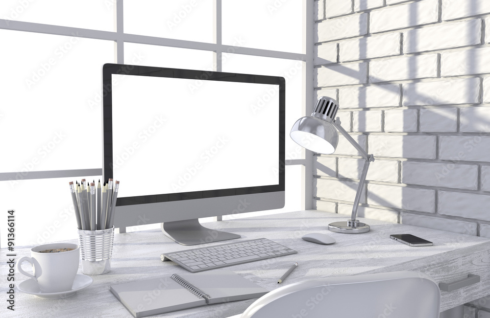 Fototapeta premium 3D illustration PC screen on table in office, Workspace