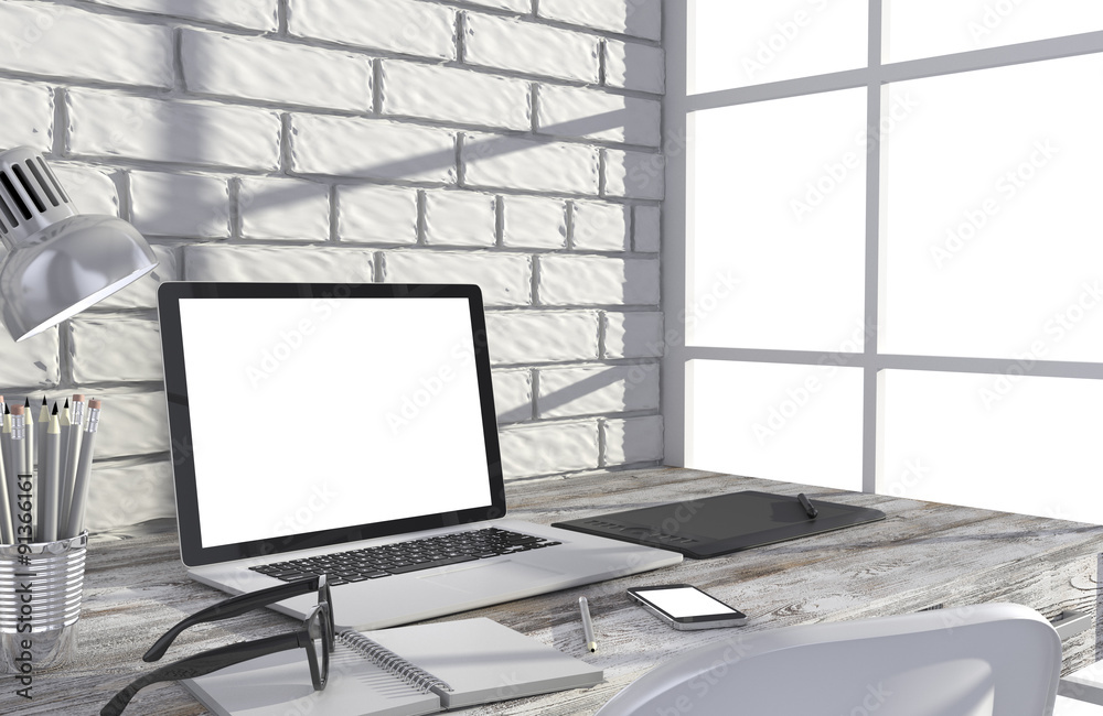 Fototapeta premium 3D illustration laptopand work stuff on table near brick wall